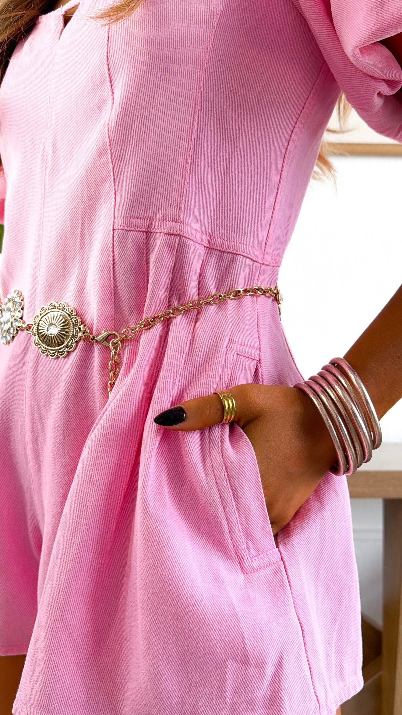 Ocean Pearl Bubble Denim Romper, Pink