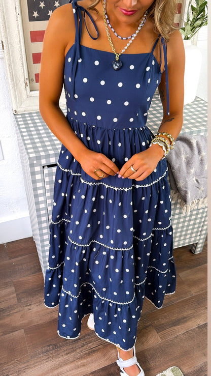 Mediterranean Midnight Polka Dot Dress, Navy