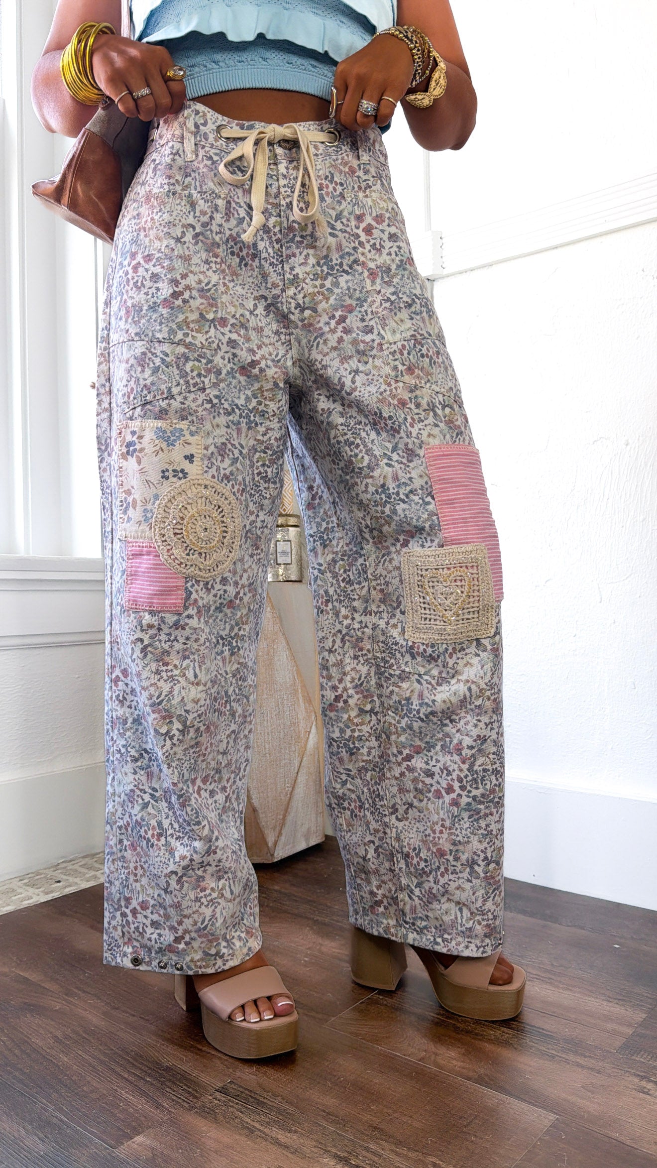 Denim Skies Striped Pants, Floral Multi