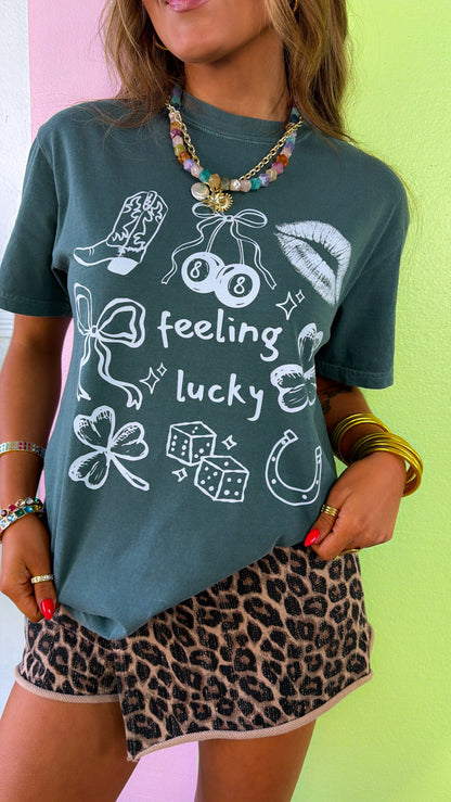 Feeling Lucky Patchwork Graphic Tee, Washed Green