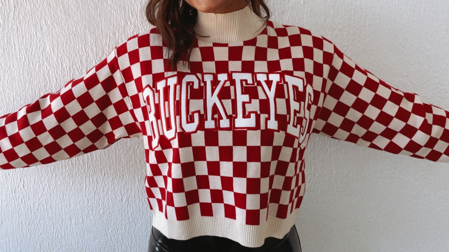 Ohio Checkered Mock Neck Sweater, Red