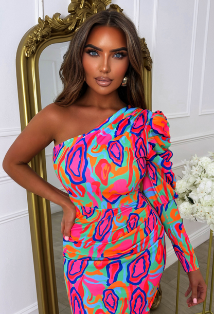 Crave Me Multi One Shoulder Puff Sleeve Abstract Midi Dress