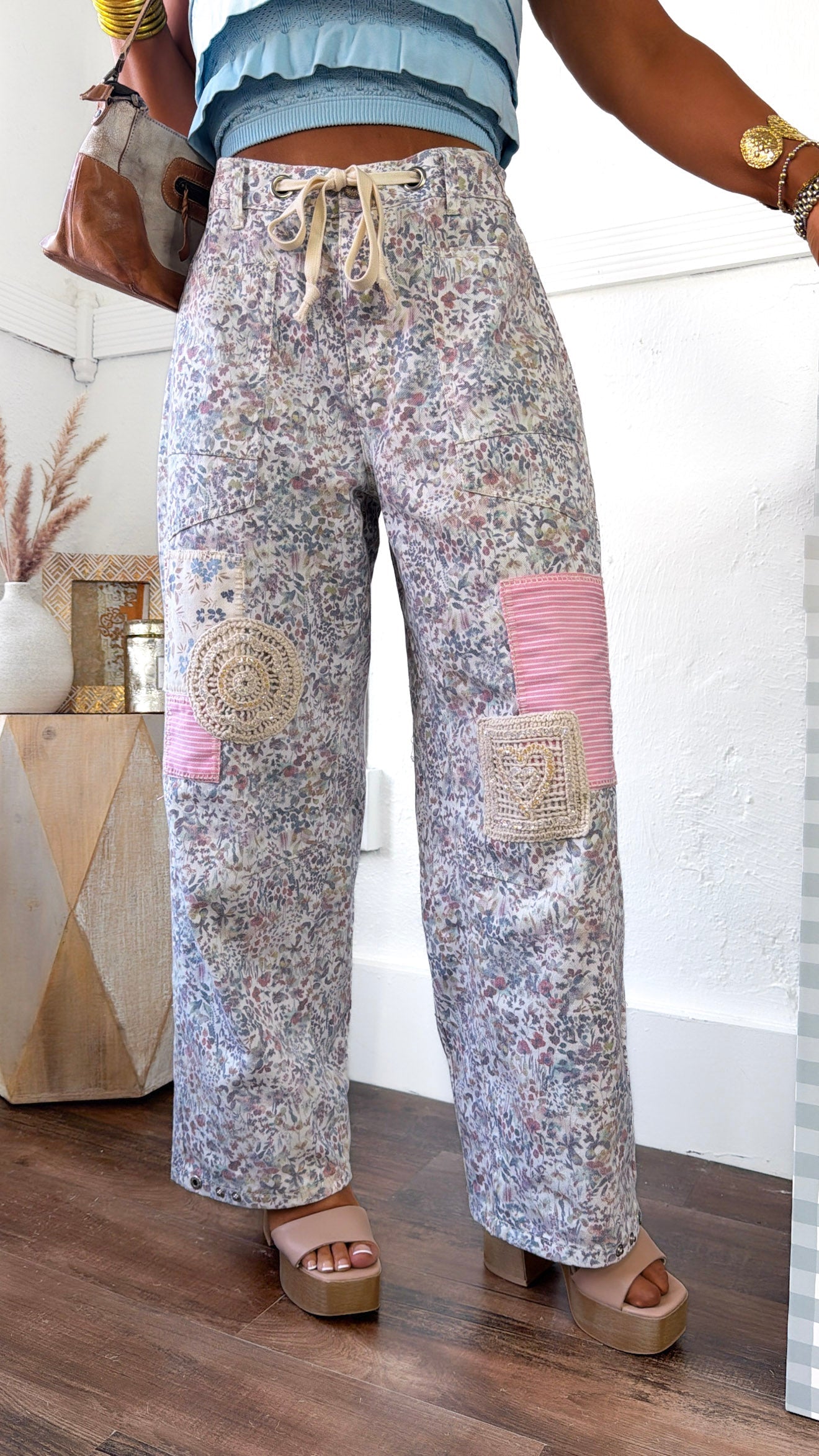 Denim Skies Striped Pants, Floral Multi
