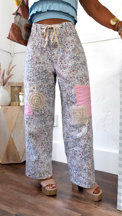 Denim Skies Striped Pants, Floral Multi