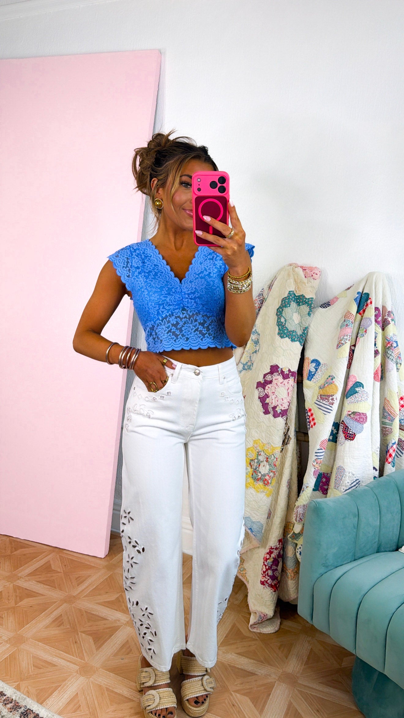 Eyelet Floral Barrel Jeans, White