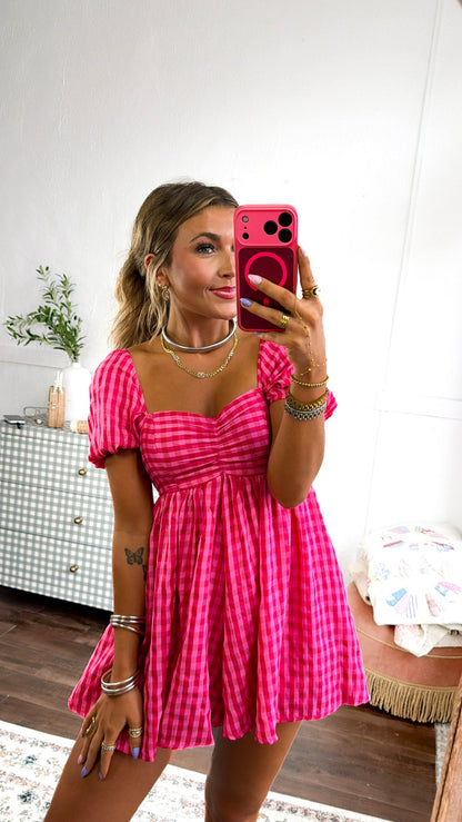 Picnic Date Gingham Romper, Fuchsia Multi