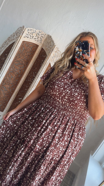 ECB Exclusive: Many Moments Floral Maxi Dress, Wine