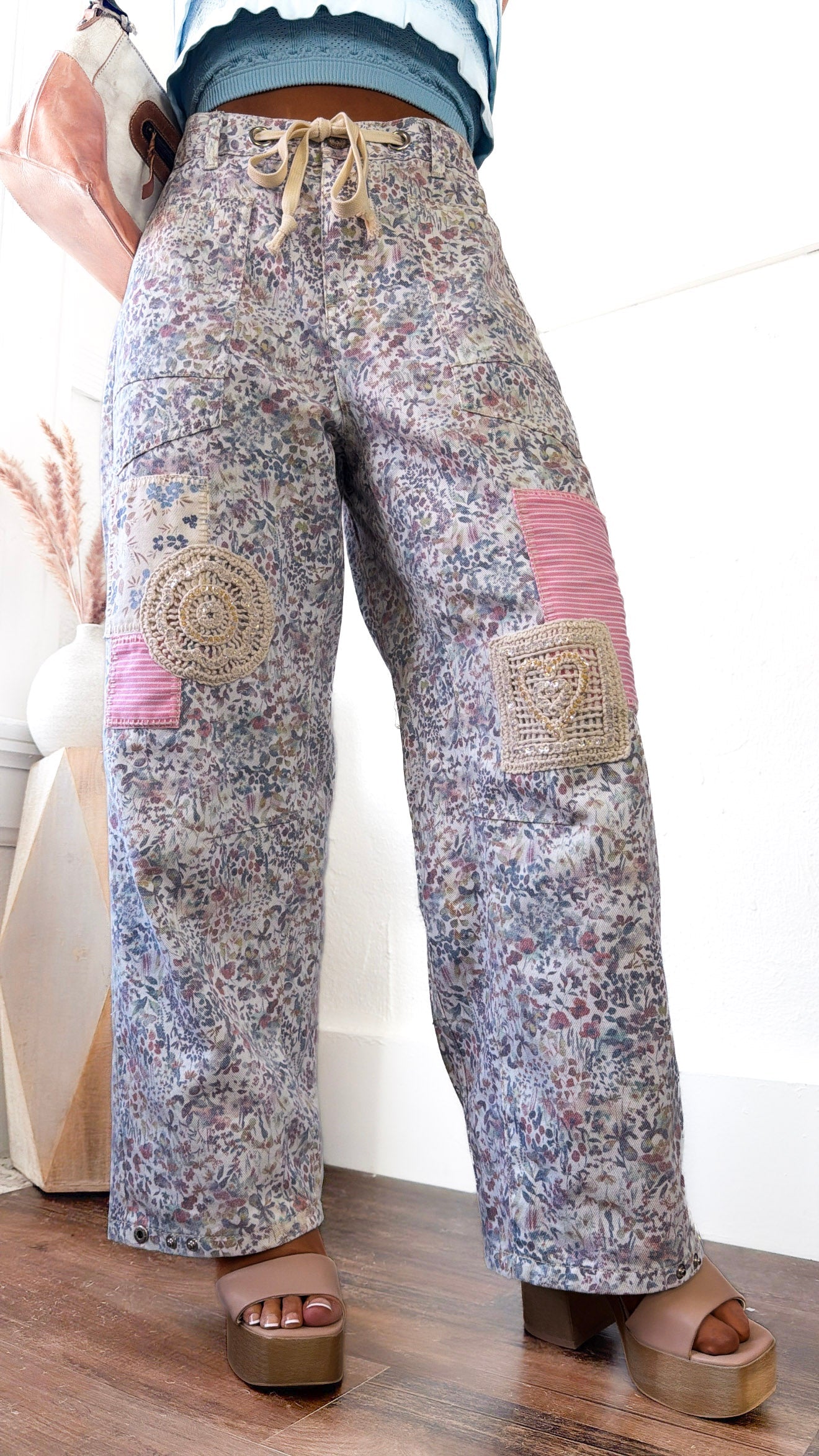 Denim Skies Striped Pants, Floral Multi