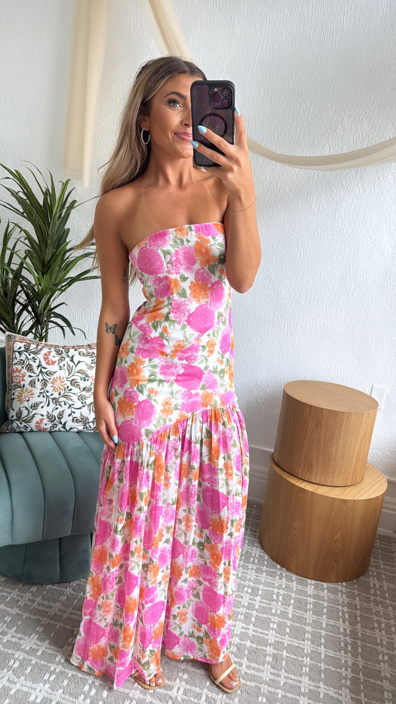 Maelis Midi Dress, Off- White & Pink
