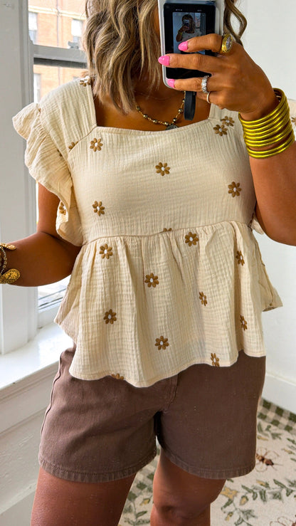 Floral Embroidered Top, Taupe/Brown