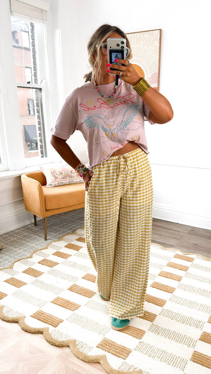 Gingham Print Drawstring Pants, Yellow Multi