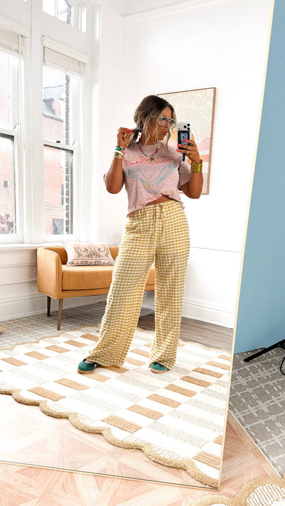 Gingham Print Drawstring Pants, Yellow Multi