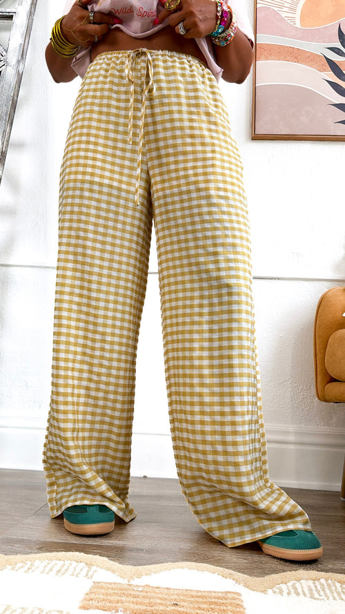 Gingham Print Drawstring Pants, Yellow Multi