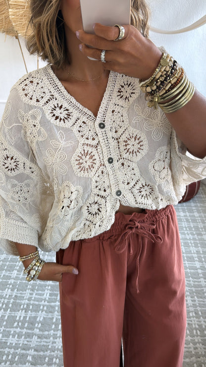 Chloe Woven Embroidered Top, Natural