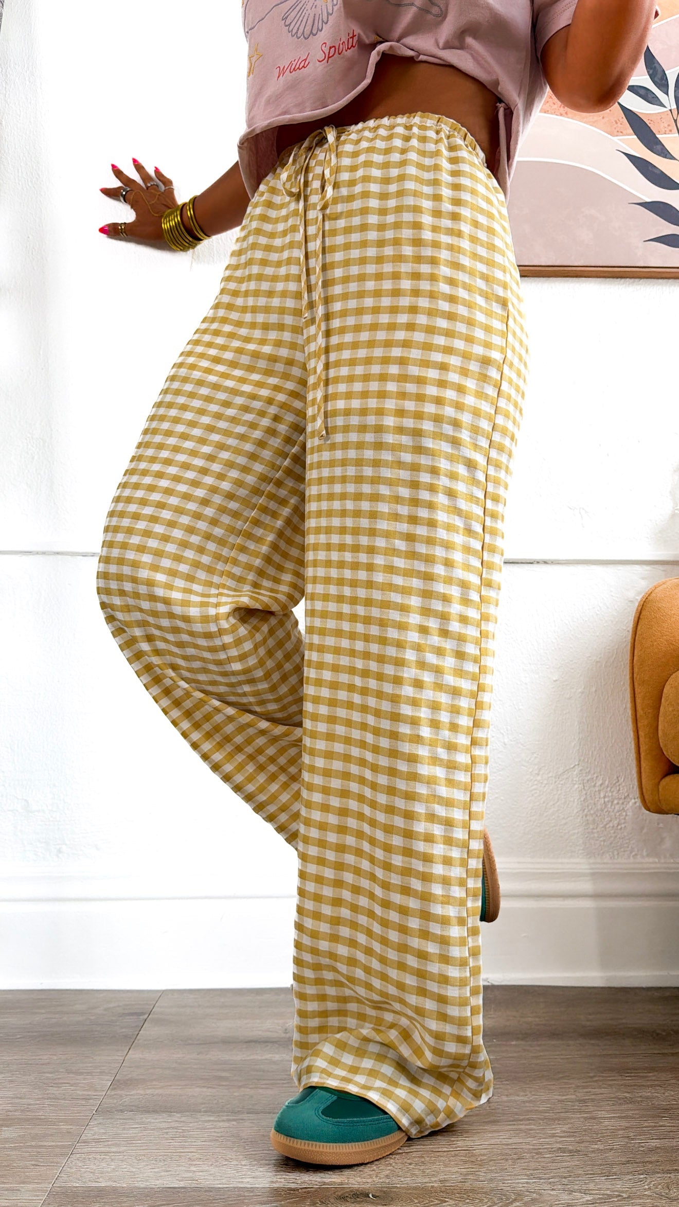 Gingham Print Drawstring Pants, Yellow Multi