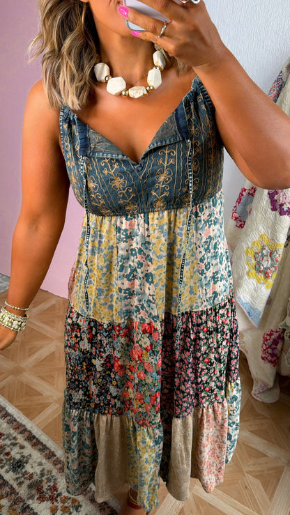Patched Western Midi Dress, Latte