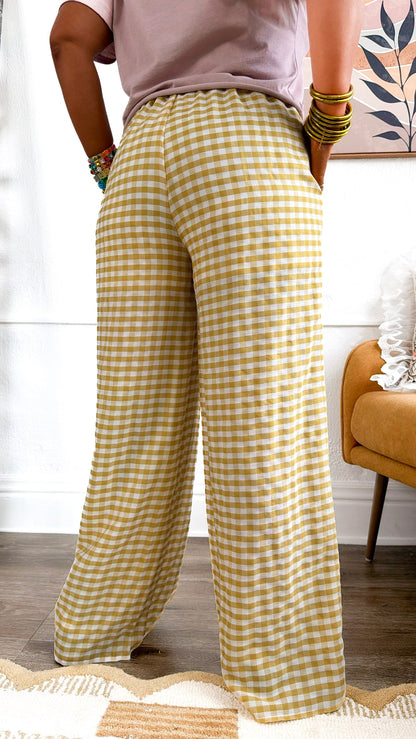 Gingham Print Drawstring Pants, Yellow Multi