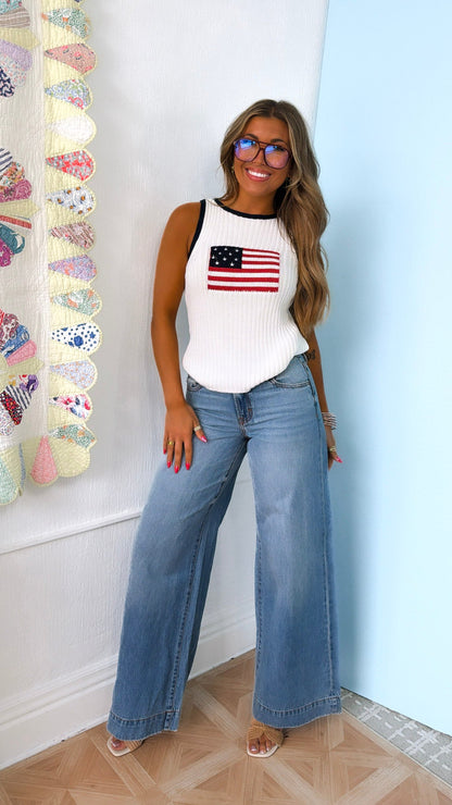 Fun & Free Sweater Tank, White/Navy