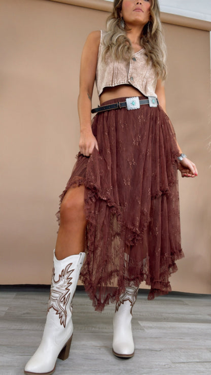 Delicate Dreams Embellished Lace Skirt, Chestnut