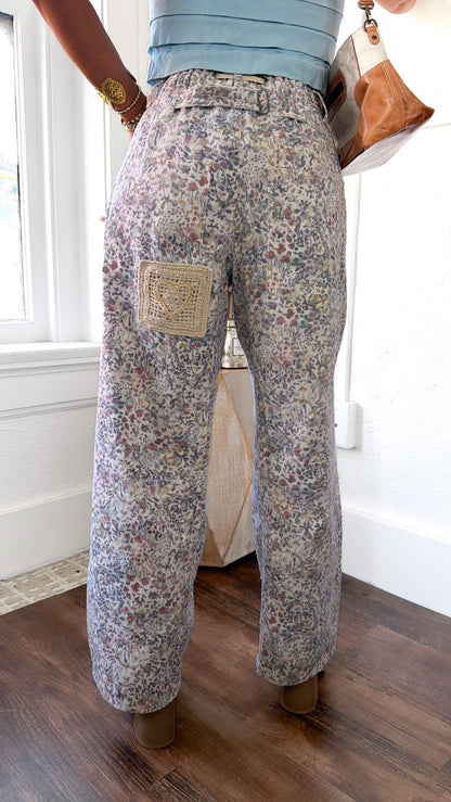 Denim Skies Striped Pants, Floral Multi