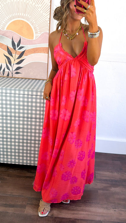 Panama Floral Halter Neck Dress, Red Orange