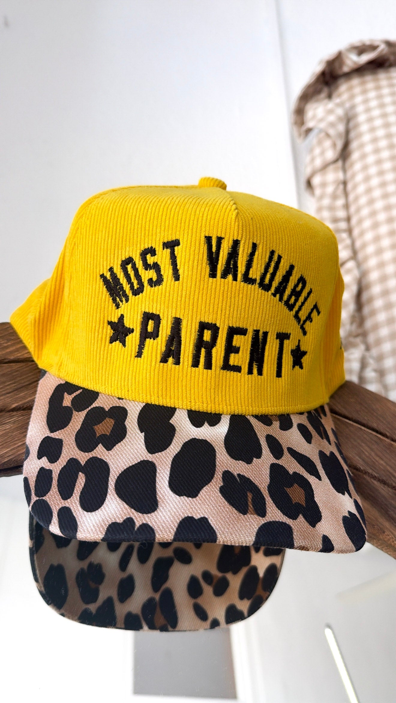 Most Valuable Parent Trucker Hat, Yellow Corduroy/Leopard