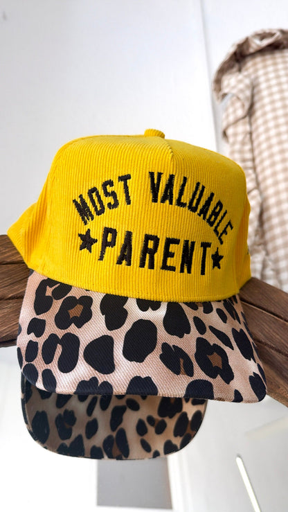 Most Valuable Parent Trucker Hat, Yellow Corduroy/Leopard