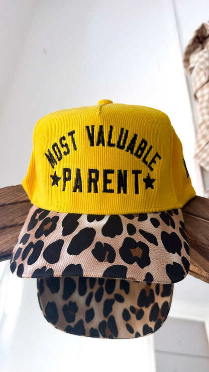 Most Valuable Parent Trucker Hat, Yellow Corduroy/Leopard