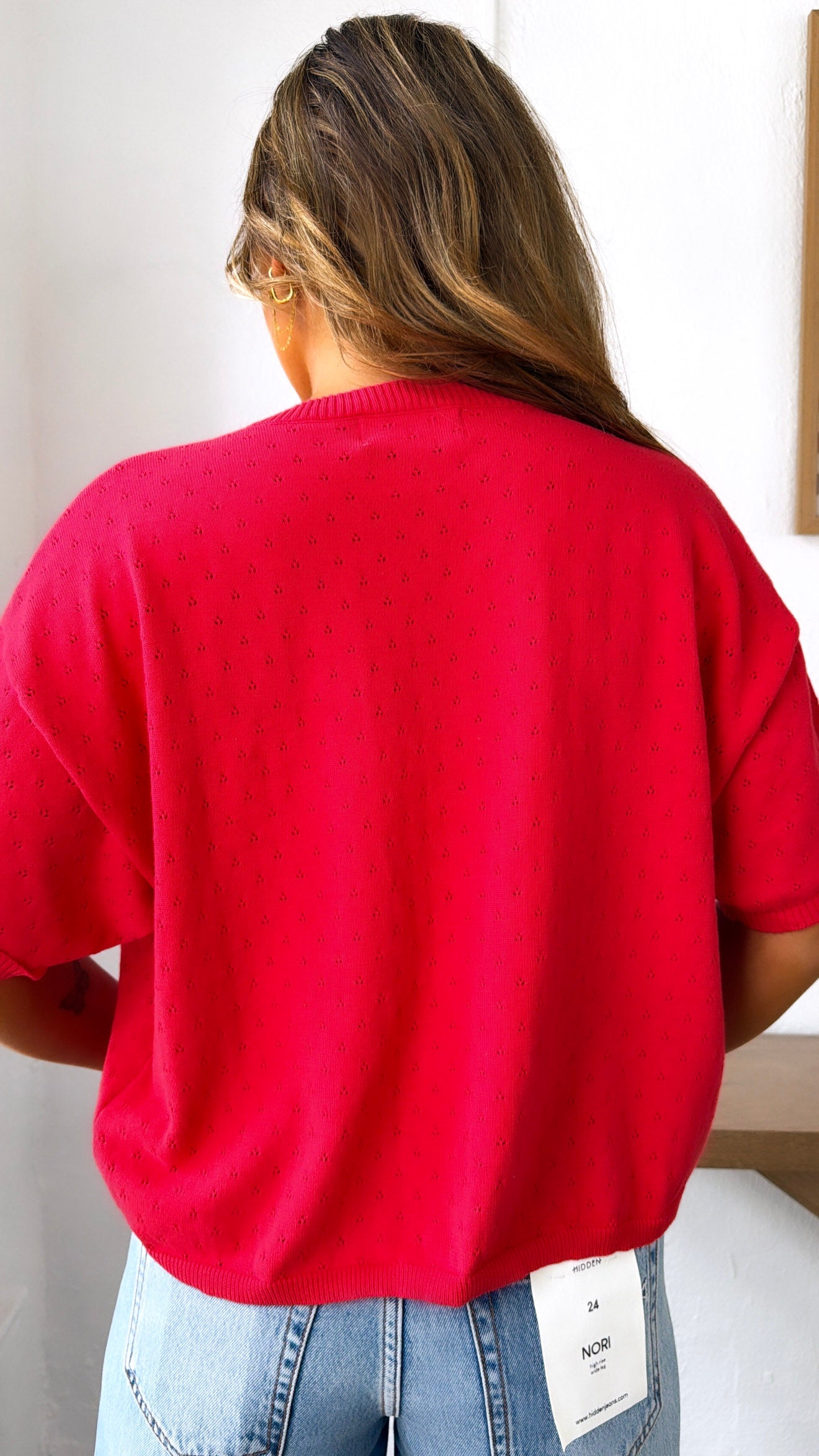 Eyelet Knit Cardigan, Red
