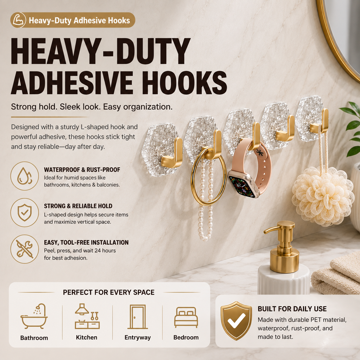 Heavy-Duty Plastic Self-Adhesive Hexagonal Ripple Hooks, Waterproof Rustproof Sticky Hooks for Bathroom, Kitchen, Easy-Install Home Organizer for Keys, Towels, Coats