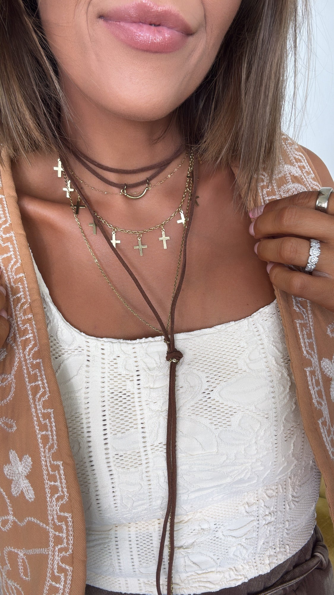 Layer Up Cross Suede Knot Necklace, Camel
