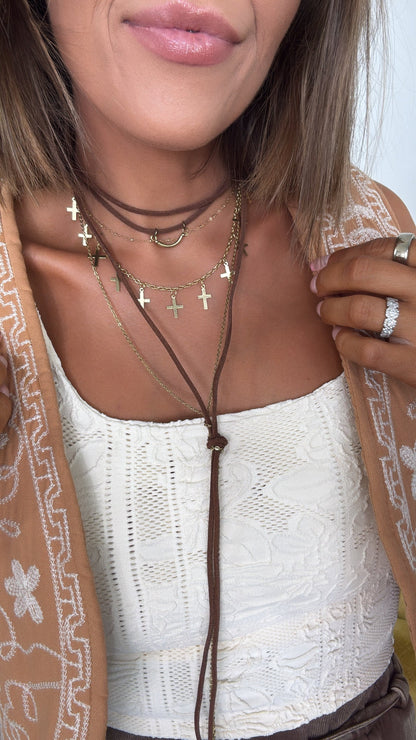 Layer Up Cross Suede Knot Necklace, Camel