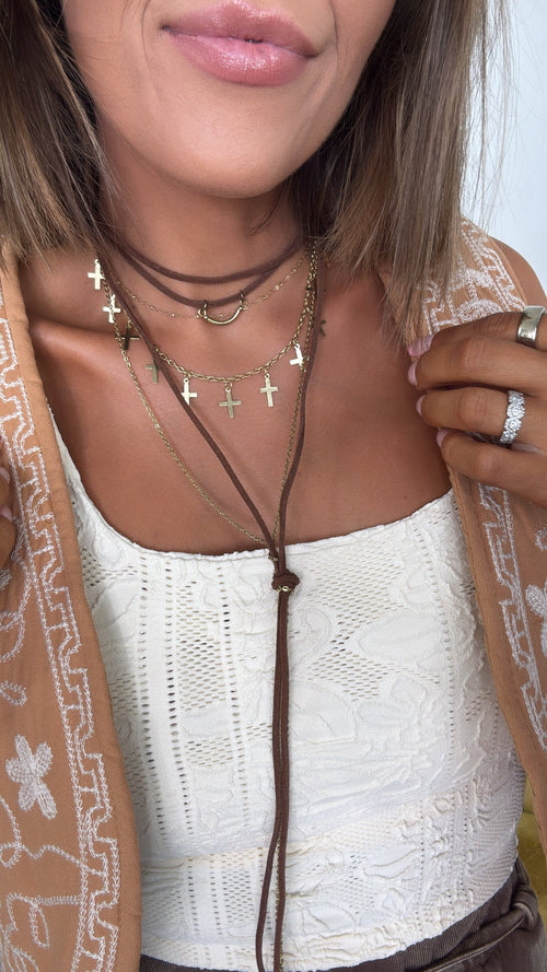 Layer Up Cross Suede Knot Necklace, Camel
