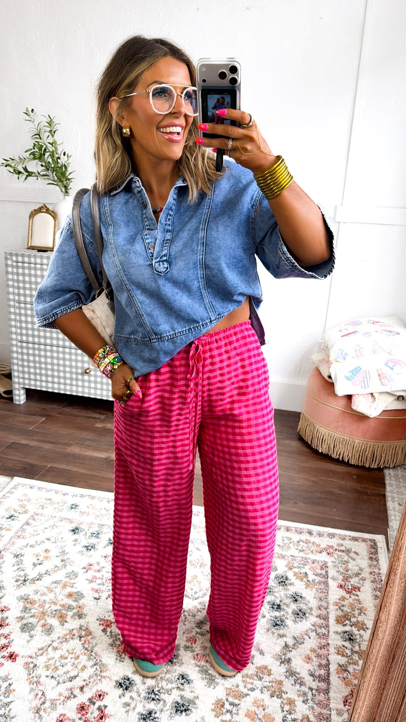 Gingham Print Drawstring Pants, Fuchsia Multi