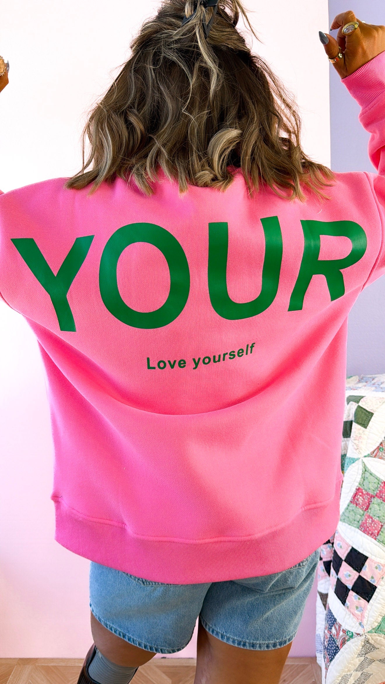 Love Yourself Oversized Crewneck, Pink/Green