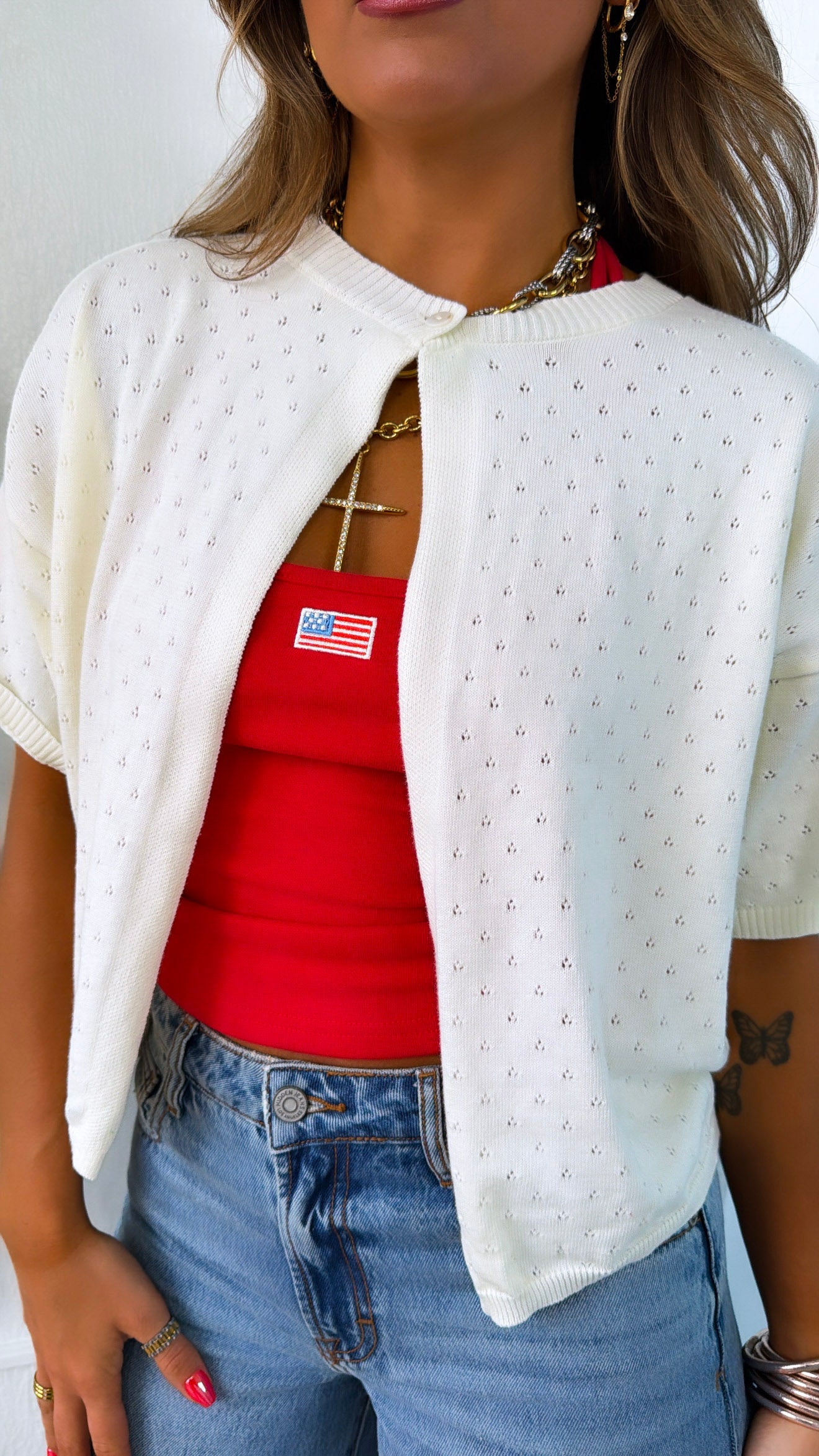 Eyelet Knit Cardigan, Ivory
