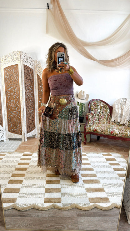 Cloverline Printed Tiered Midi Skirt, Latte