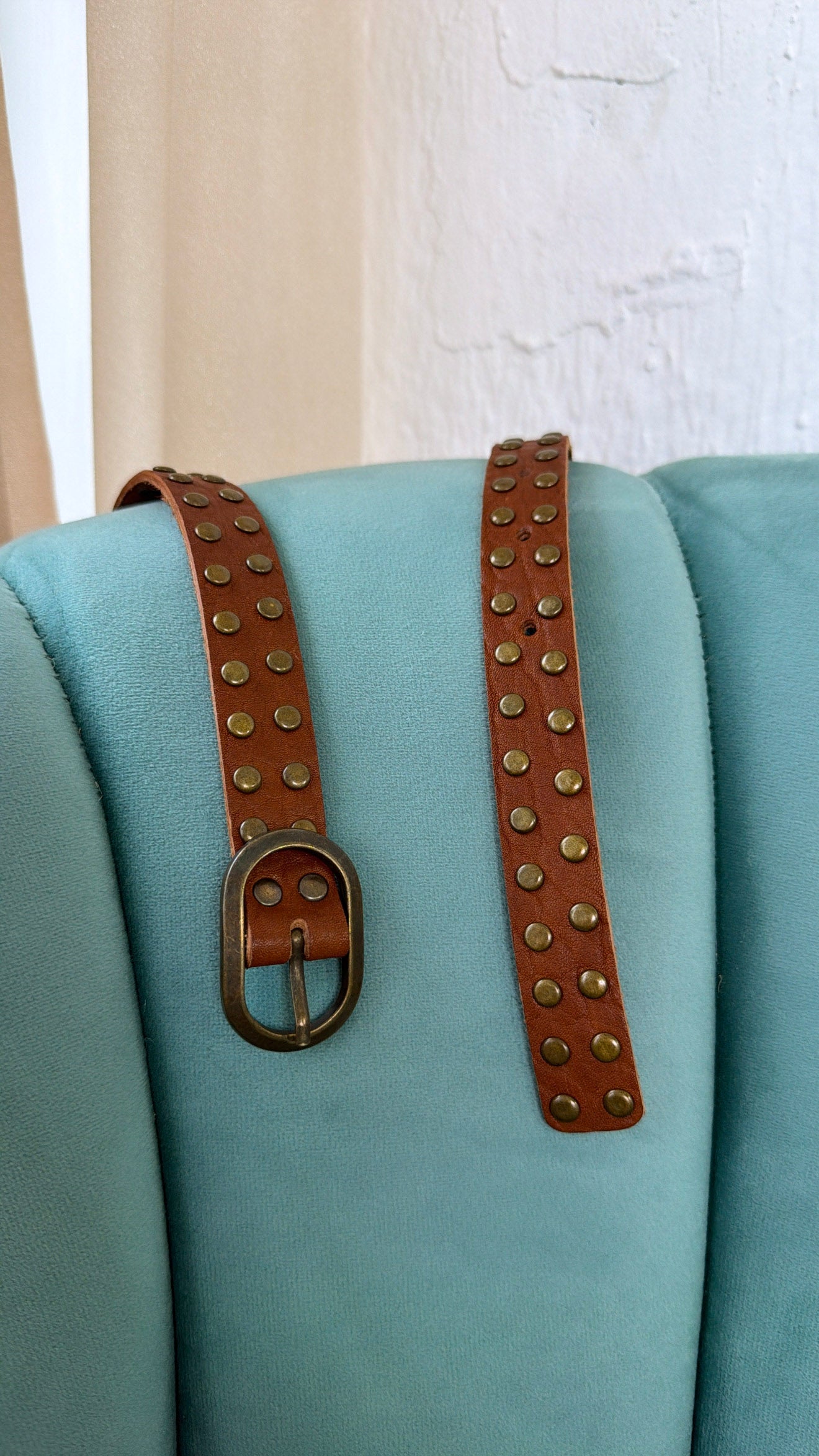 Narrow Leather Studded Belt, Lt. Brown