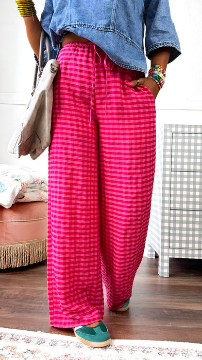 Gingham Print Drawstring Pants, Fuchsia Multi