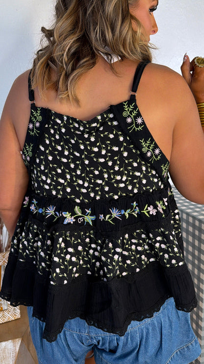 Charlotte Floral Tank, Black