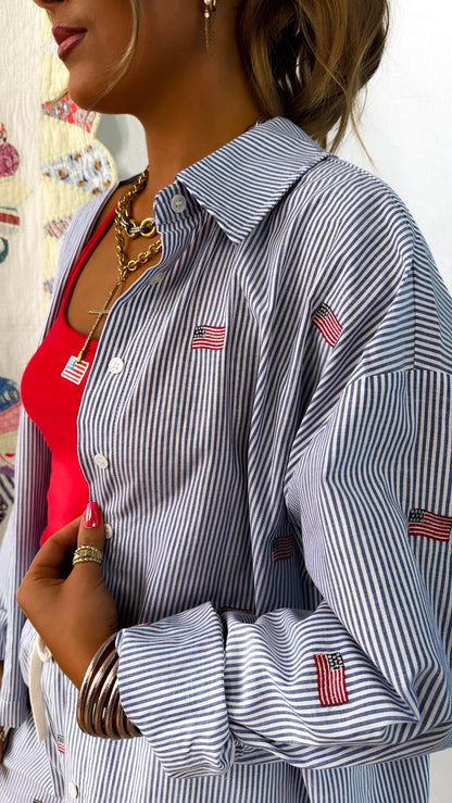 Oversized Striped American Button Down, Navy/White