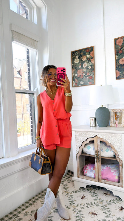 Button Two Piece Set, Papaya