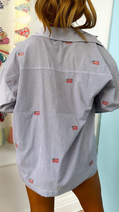 Oversized Striped American Button Down, Navy/White