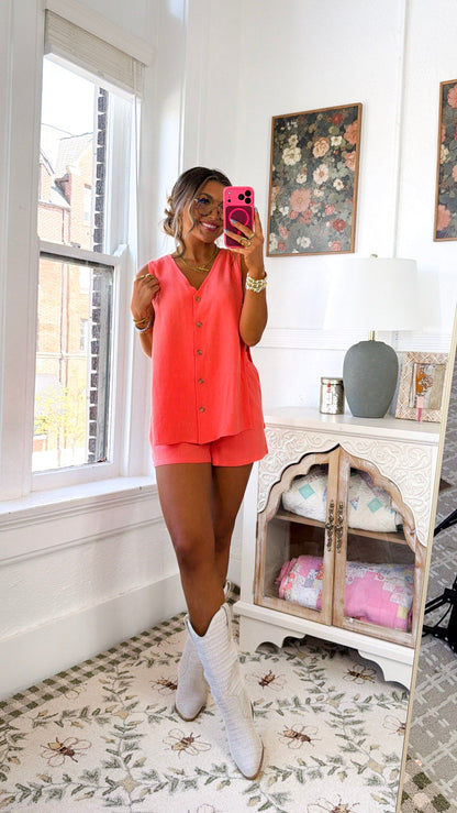 Button Two Piece Set, Papaya