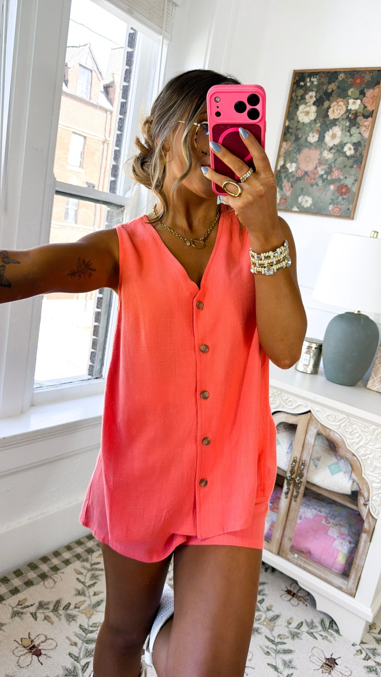 Button Two Piece Set, Papaya