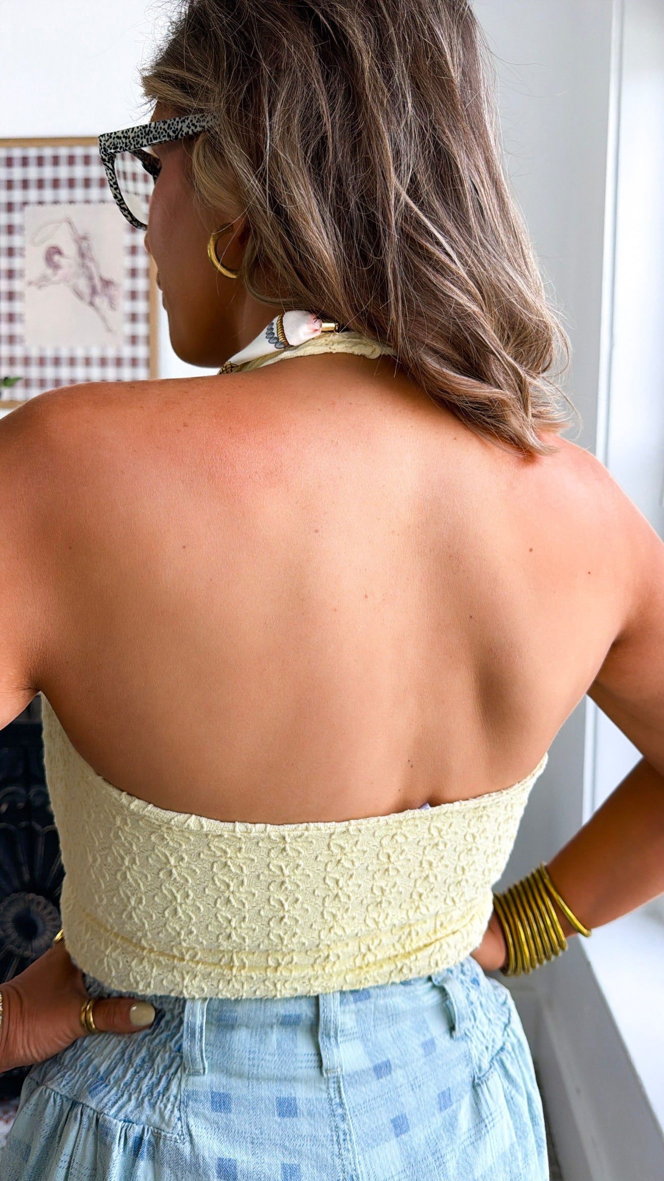 Floral Lace Halter Top, Pale Banana