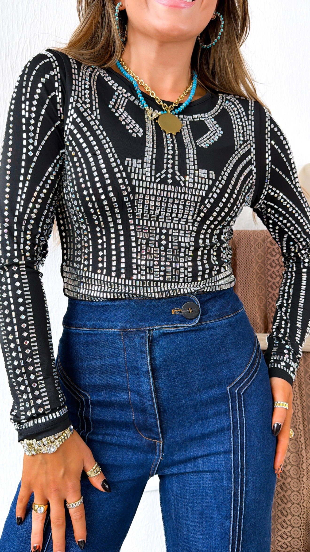 Make a Distraction Rhinestone Mesh Bodysuit, Black