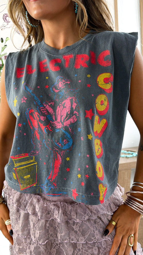 Feeling Electric Graphic Muscle Tee, Faded Black