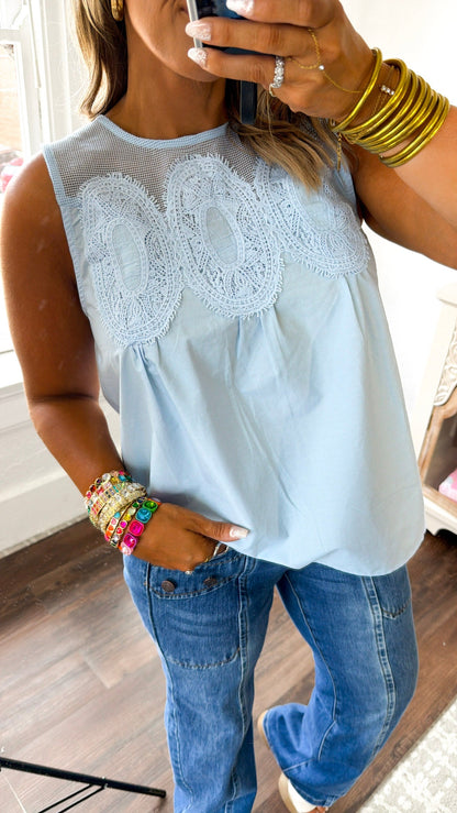 Contrasted Mesh Trimmed Top, Baby Blue