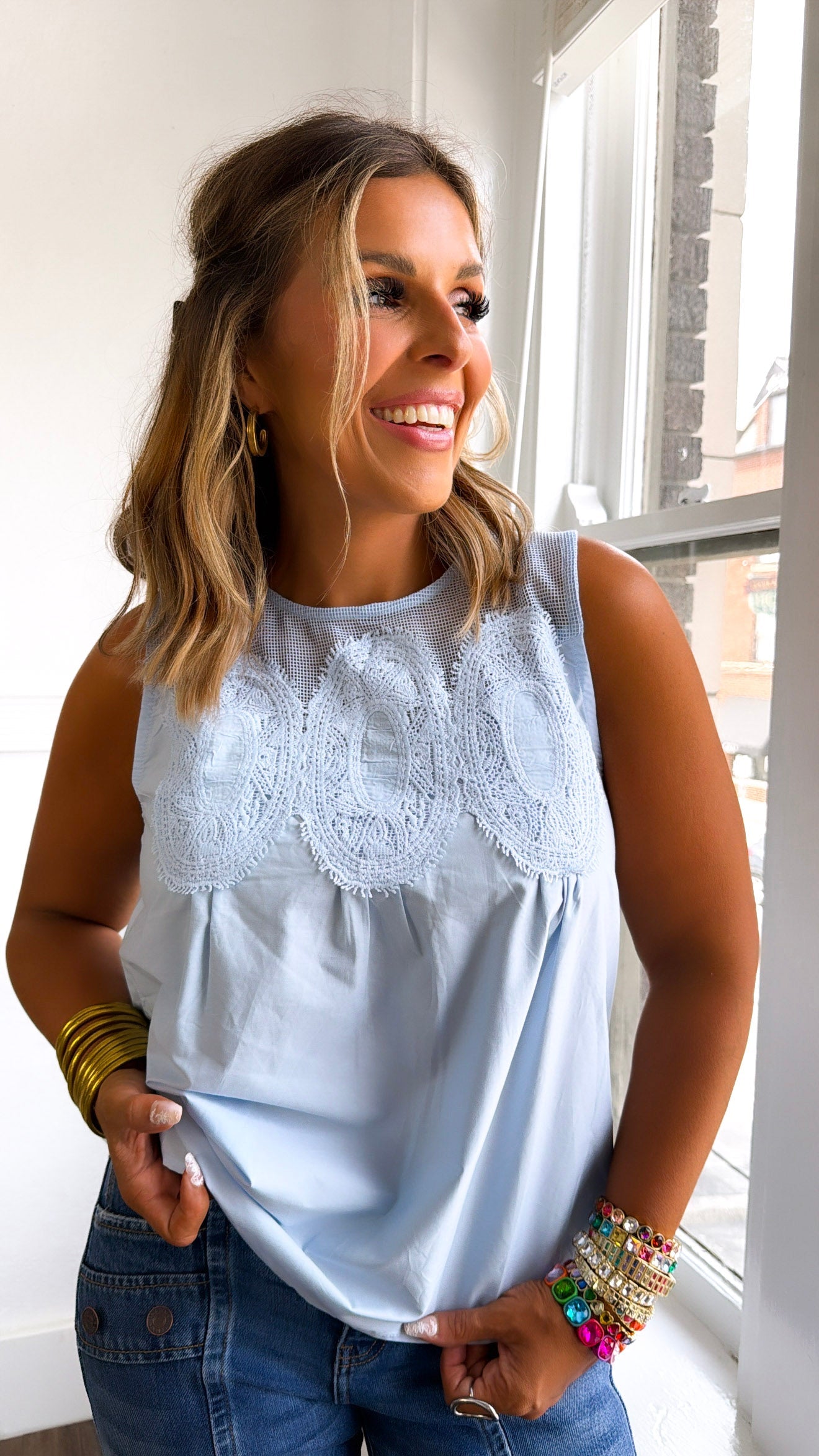 Contrasted Mesh Trimmed Top, Baby Blue